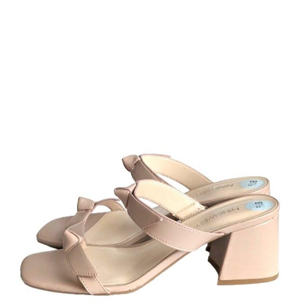 Nine West Womens Ganit3 Cream Beige Bow Detail Block Heel Sandals Size 8.5 NWOB